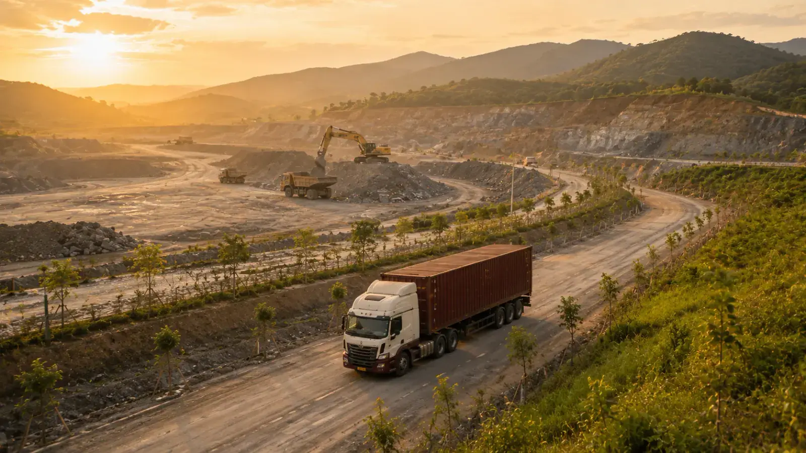 Xe container vận chuyển hàng hóa qua khu vực khai thác khoáng sản