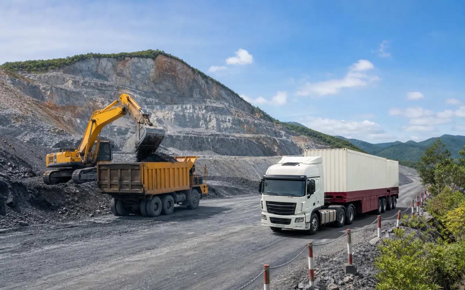Máy xúc và xe vận chuyển tại khu khai thác khoáng sản