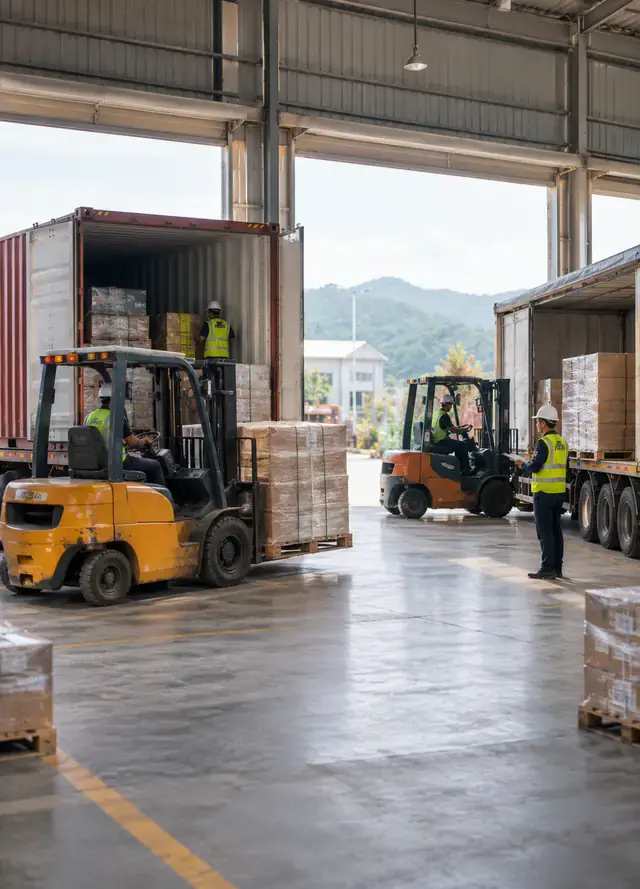 Nhân sự vận hành xe nâng và giao nhận hàng tại kho